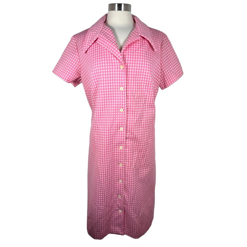 Vtg Georgia Griffin Women's Gingham Shirt Dress XL Pink 60s Button Down